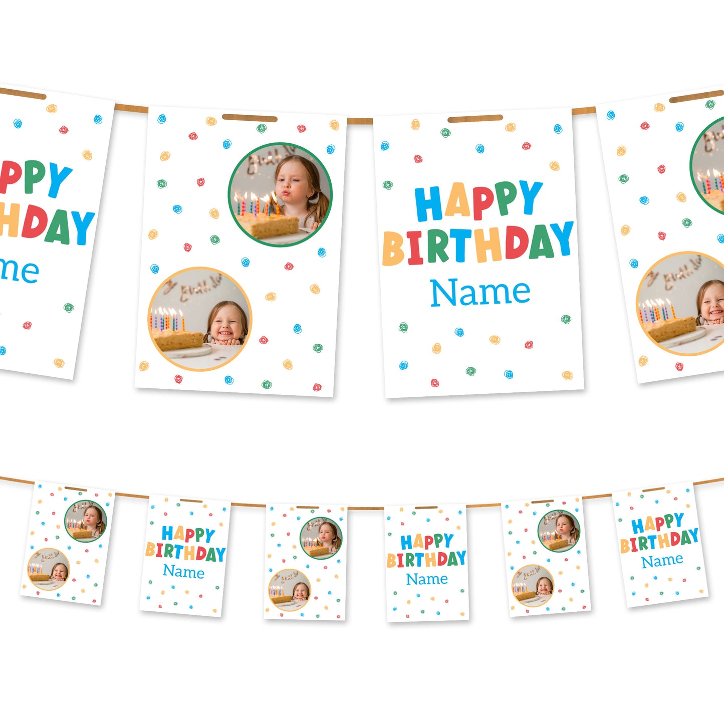 Farbenfrohe Wimpelkette „Happy Birthday“ mit Foto und Namen