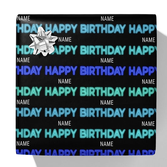 Neonfarbenes Geschenkpapier mit dem Namen „Happy Birthday“