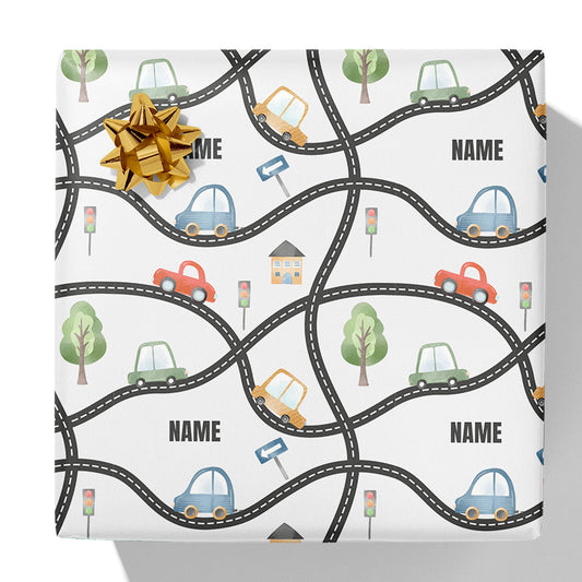 Geschenkpapier mit Namen „Cars on Roads“